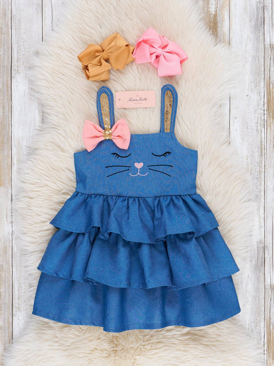 Chambray Bunny Bow Tiered Ruffle Dress