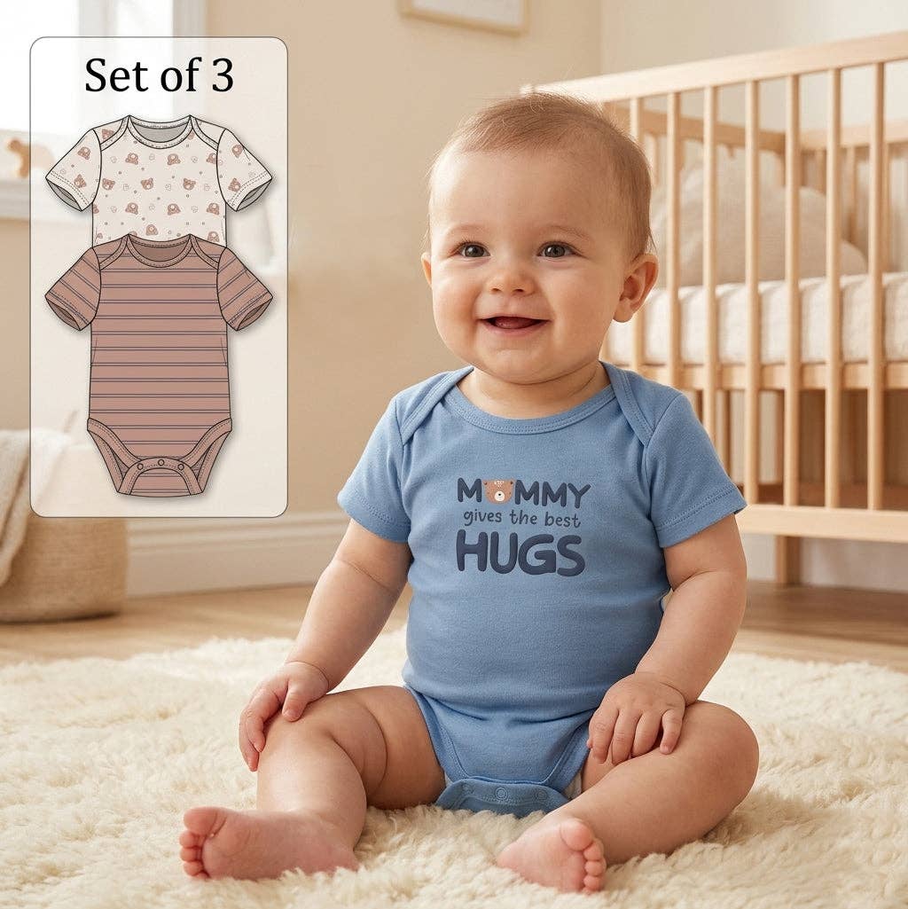 Pack of 3 Baby Bear Mommy Hugs Pattern Bodysuits