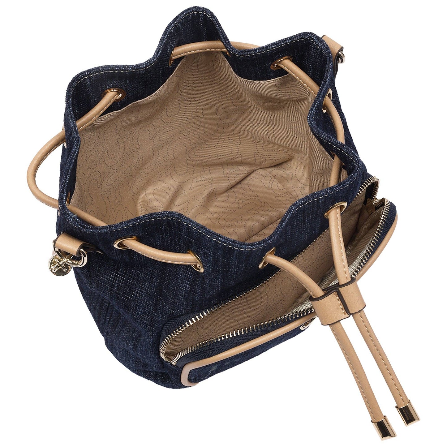 True Religion Bryce Denim & PU Bucket Bag – Women’s Designer Drawstring Bucket Handbag with Crossbody Strap (Dark Denim)