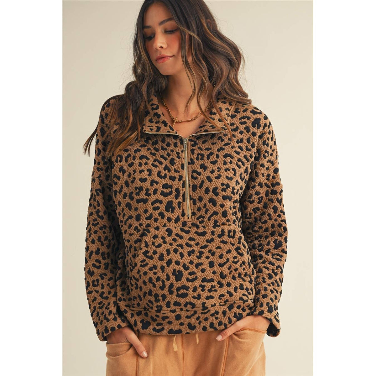 Leopard Loose Fit Zipper Pullover Top