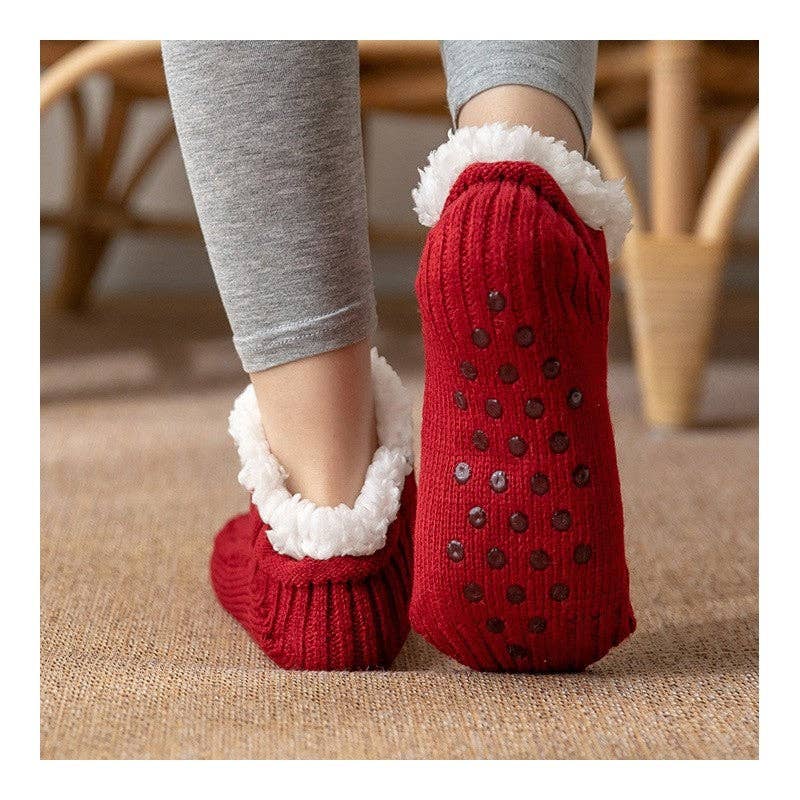 Adults Solid Color Knitted Fleece Lining Thick Warm Non-Slip Indoor Socks