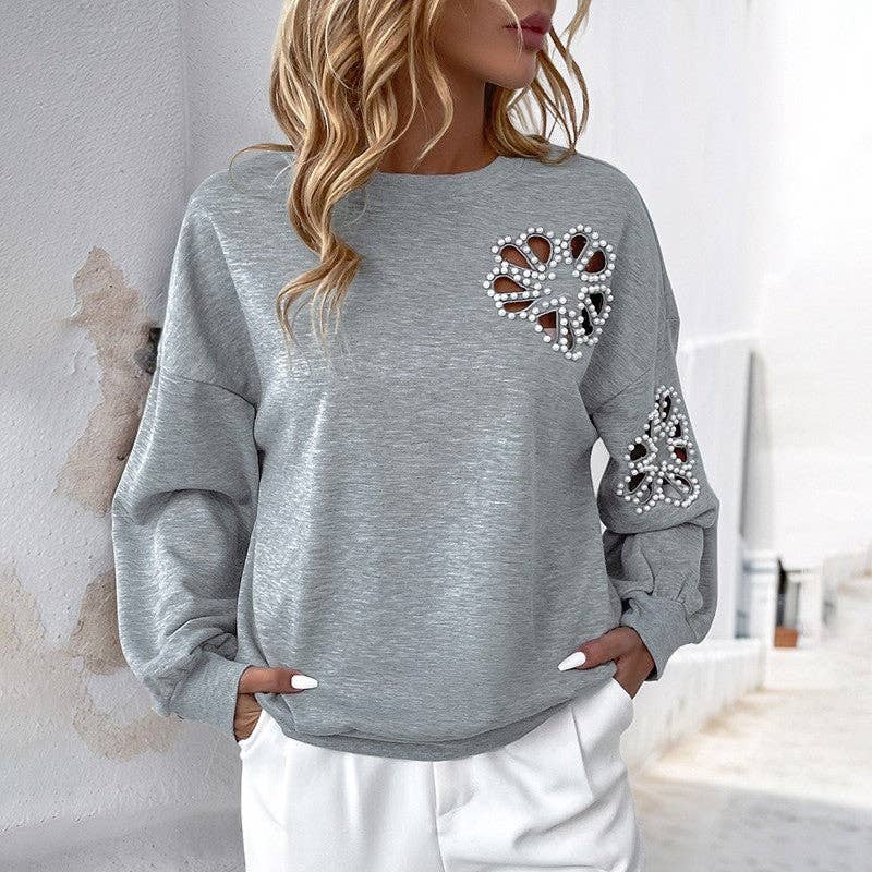 Loose Fit Beaded Hollow Out Printed Sweatshirt