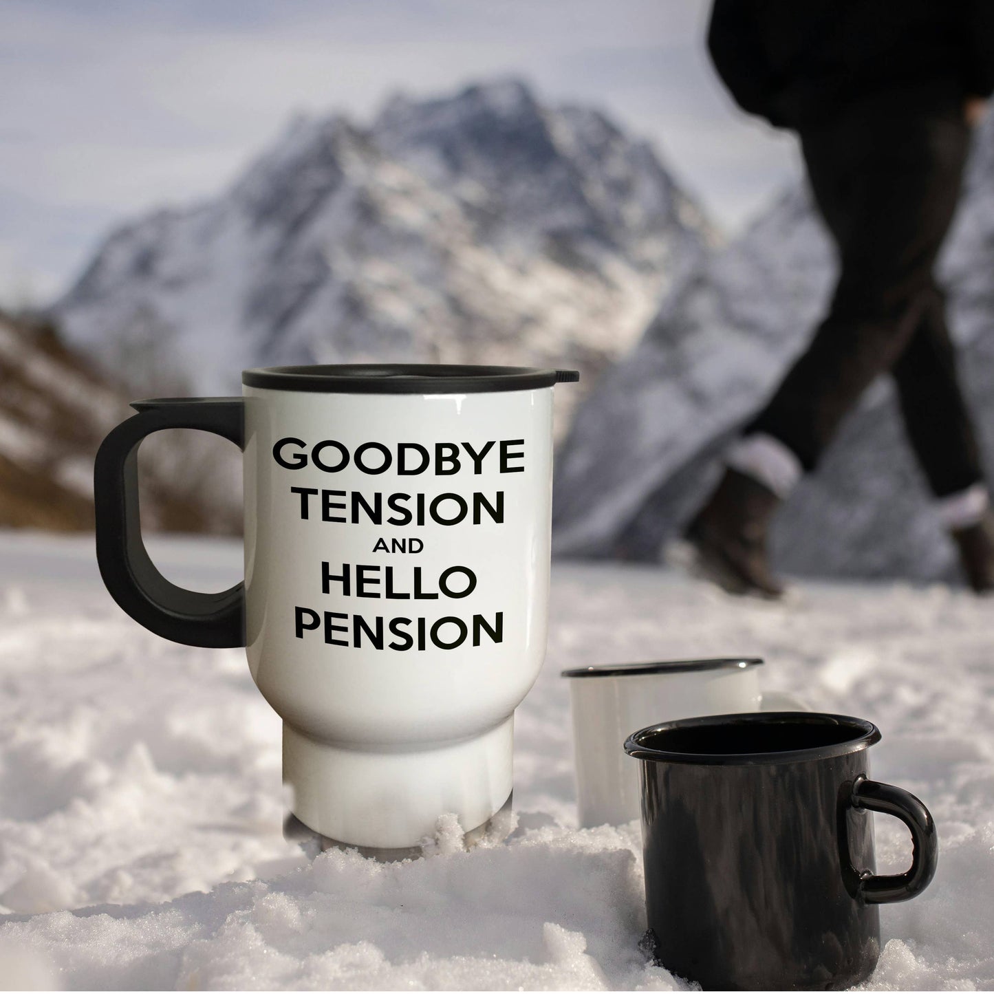 3dRose, Goodbye tension and hello pension. White and Black., Travel Mug
