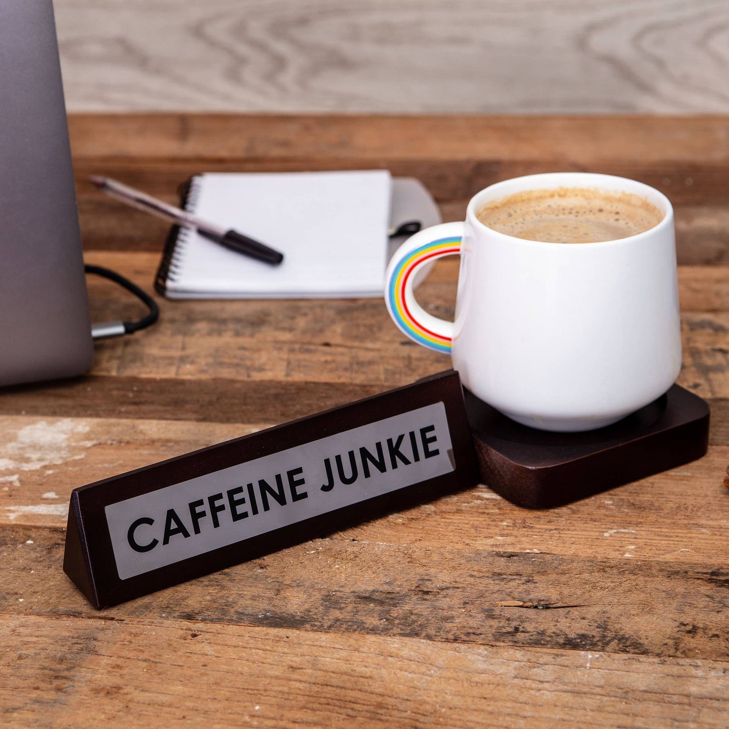 Caffeine Junkie Wooden Gag Desk Sign - Funny Novelty Gifts