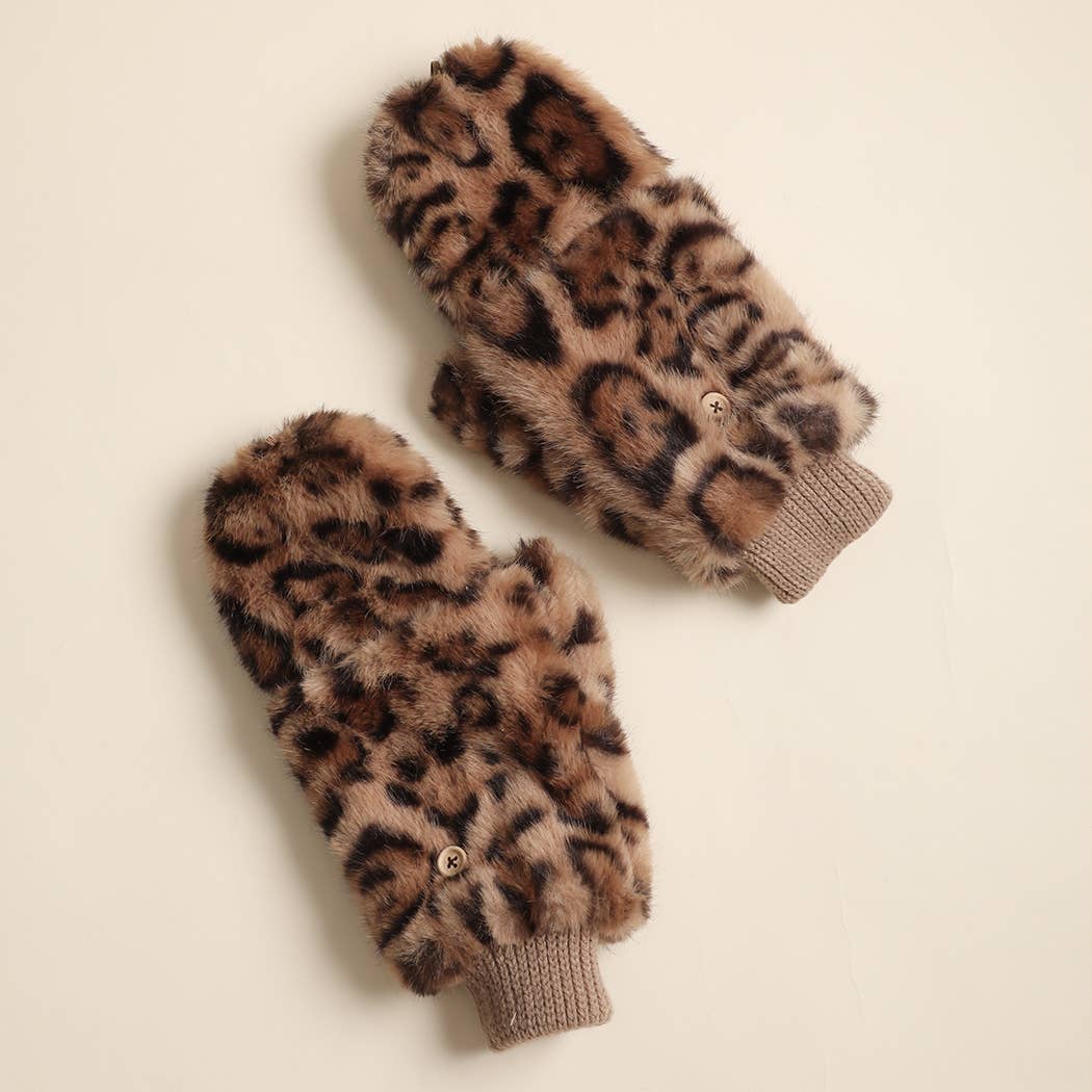 Women's Leopard Faux Fur Convertible Mitten Gloves