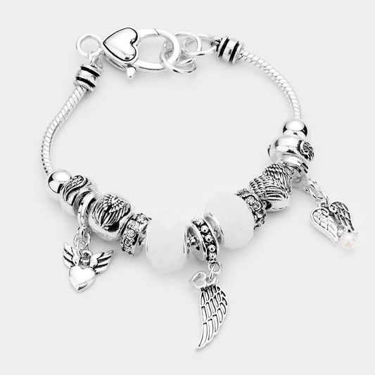 Angel Wing Heart Charm Multi Bead Bracelet