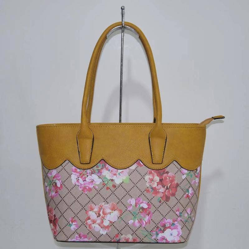 7356 Floral Print Two Color Faux Leather Bag