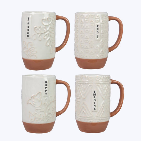 Ceramic Terra Cotta Design Mugs With Inspiration, 4 Assorted