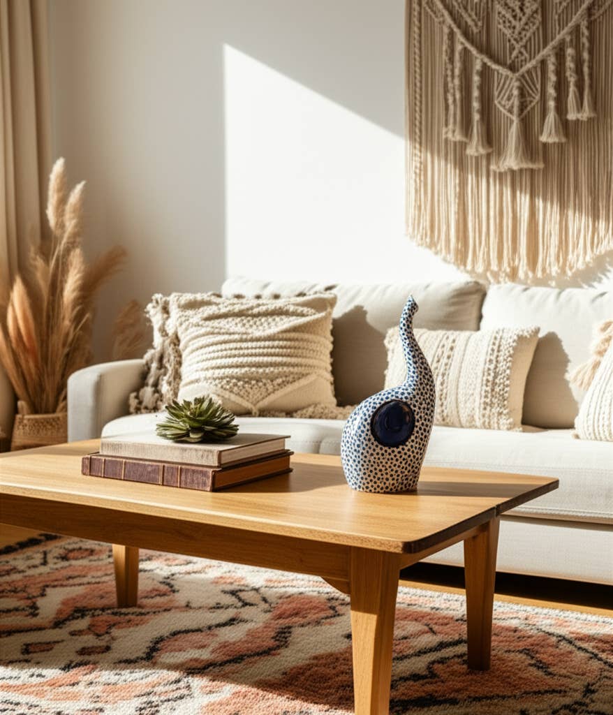 Ceramic Hand Stamped Elephant Figurine - Blue, 11 in.