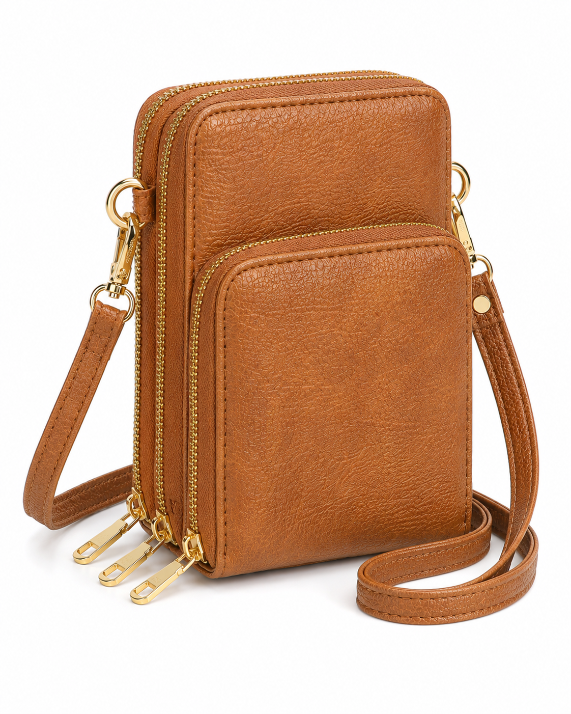Triple Zip Vegan Leather Crossbody Wallet Bag with Strap
