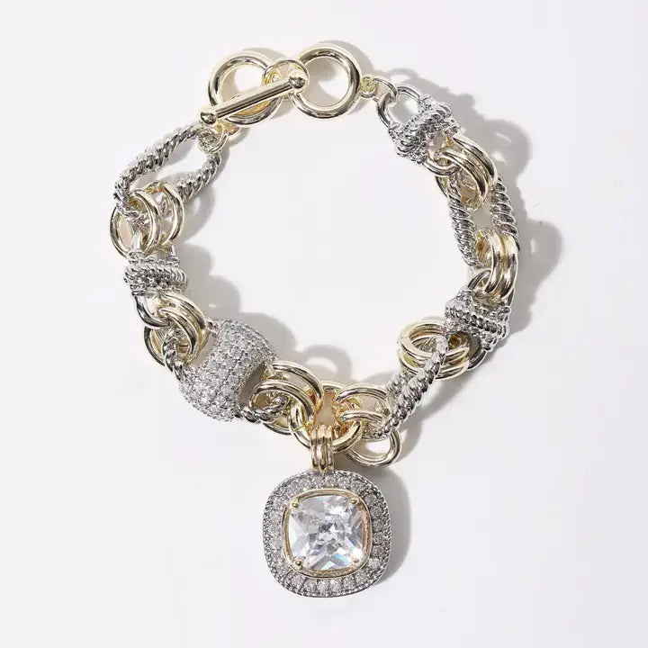 Two Tone Pavé Square Charm Toggle Link Bracelet