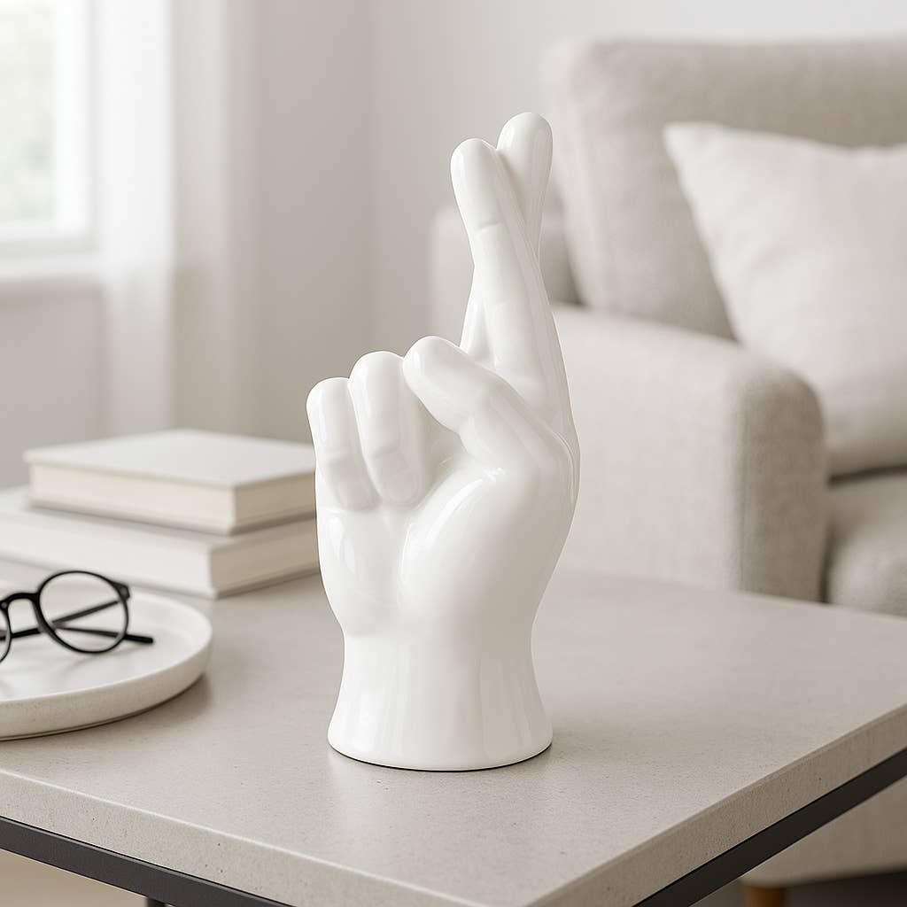White 8 in. Ceramic Crossing Fingers Signal Hand Sculpture