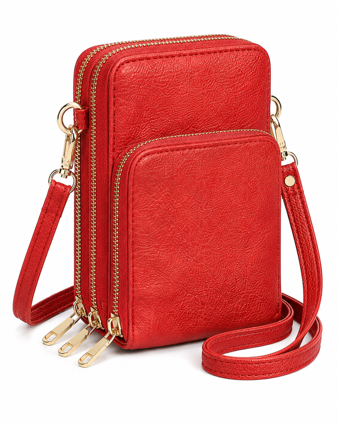 Triple Zip Vegan Leather Crossbody Wallet Bag with Strap