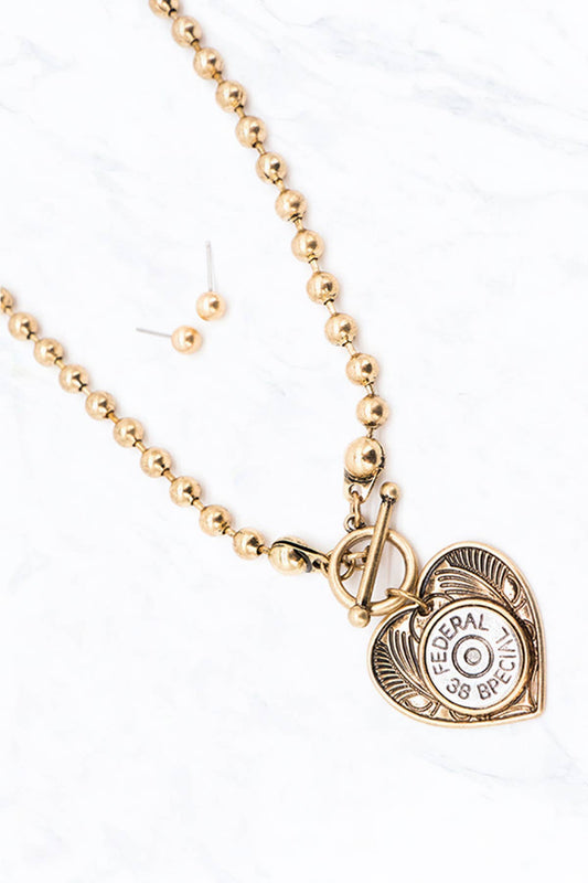 Heart with Bullet Toggle Necklace Earrings Set