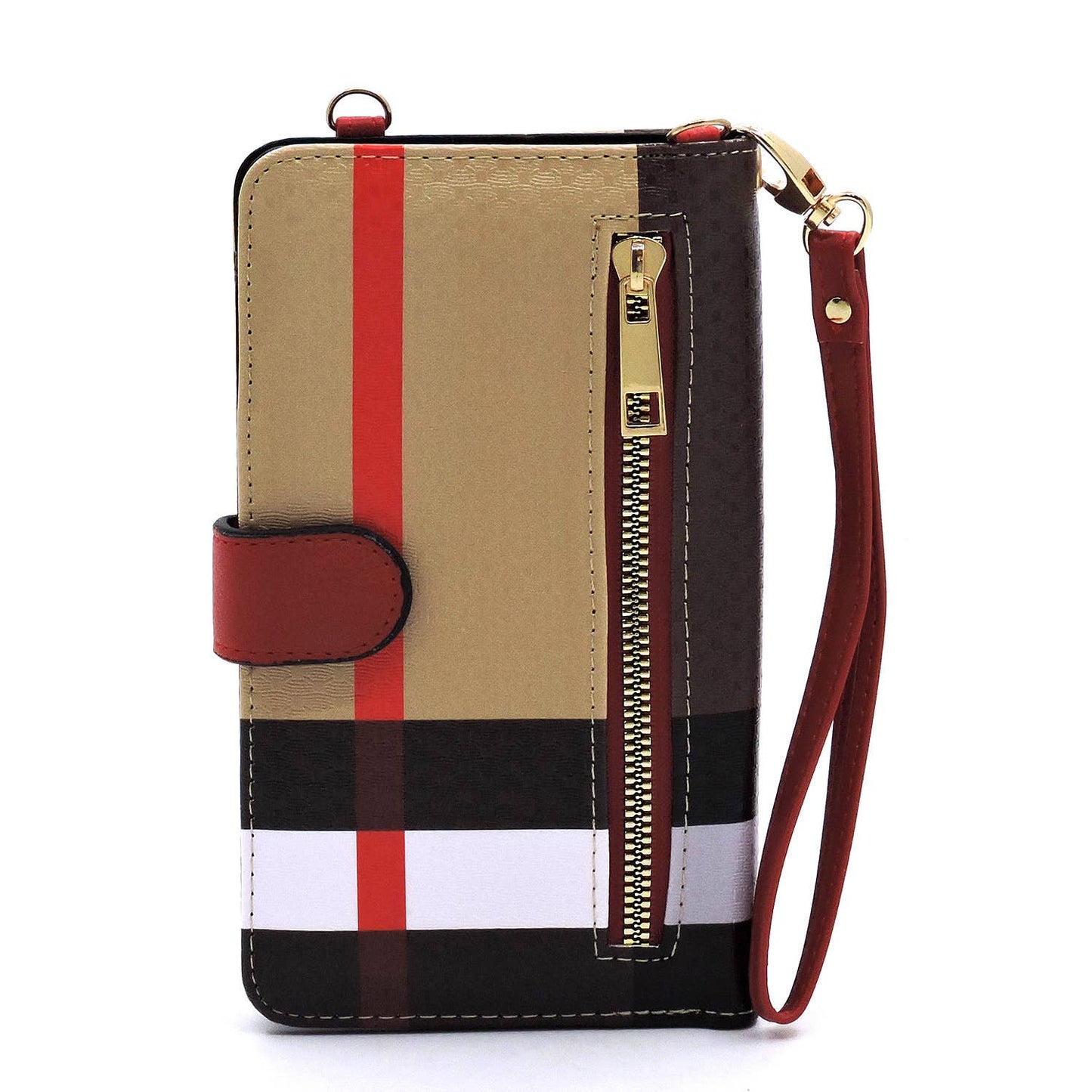 BT073_RED Tartan Plaid Check Bifold Wallet Crossbody Cell Ph