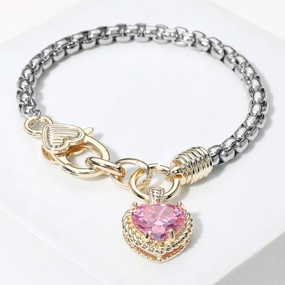 Two Tone CZ Stone Heart Charm Bracelet