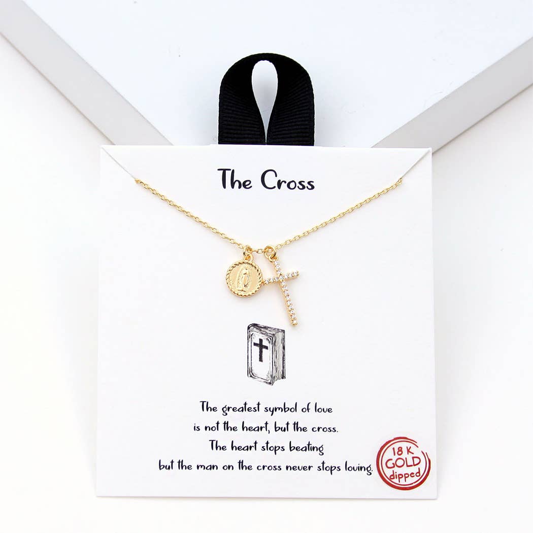 CZ Gold-Dipped Cross and Maria Pendant Necklace