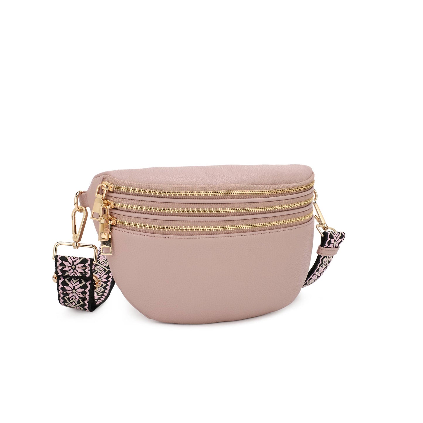 TINA TRIPLE ZIPPERED SLING BAG WITH PRINTED STRAP