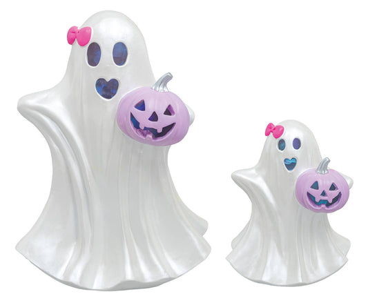 GHOST AND JACK O LANTERN W LIGHTS SET OF 2