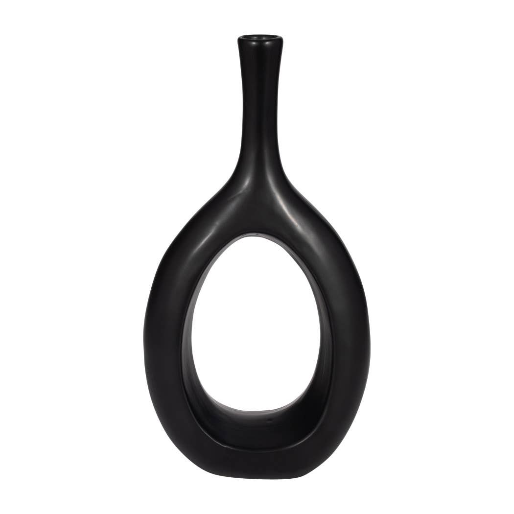 Ceramic Round Curved Open Cut-Out Vase - Black, 12 in.