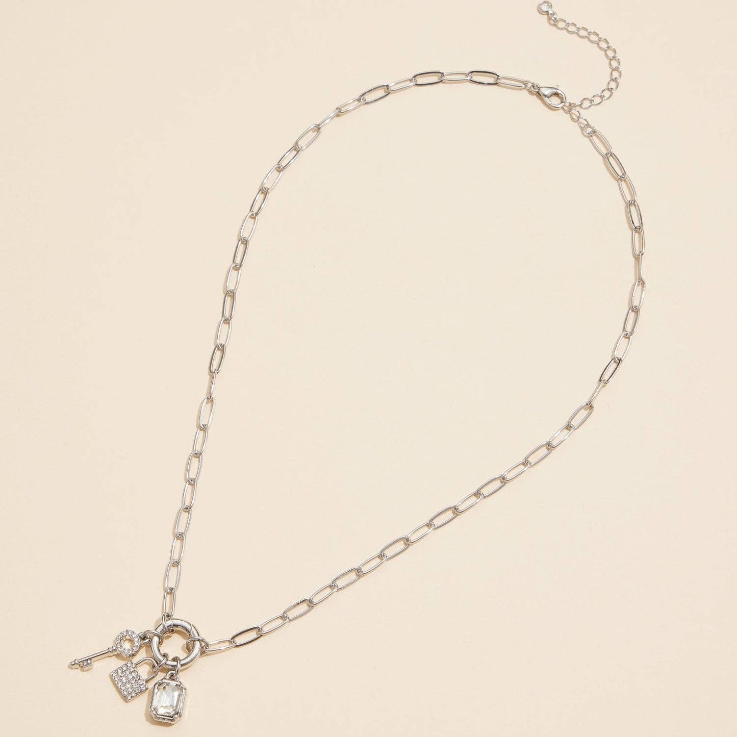 Gold Dipped Charm Necklace with Key and Gemstone Accents