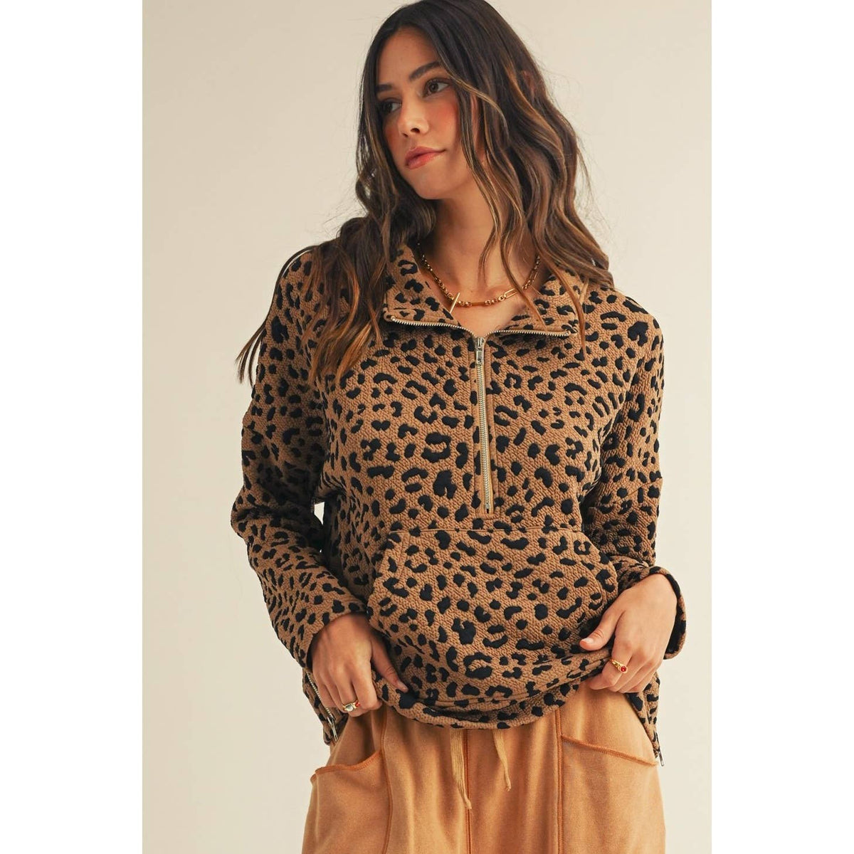 Leopard Loose Fit Zipper Pullover Top