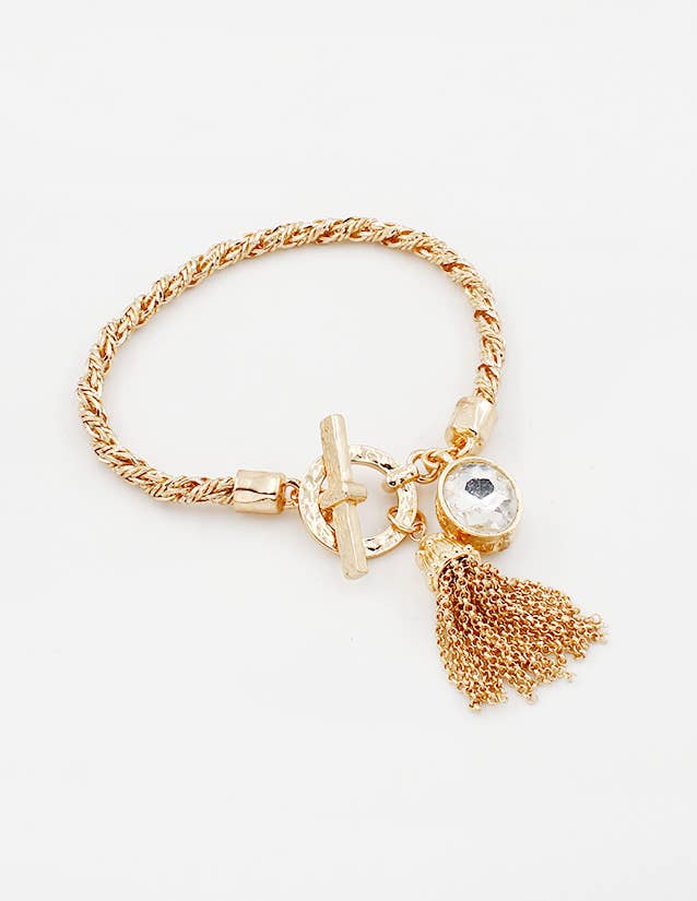 B25210 Glass Crystal Charm Tassel Toggle Bracelet