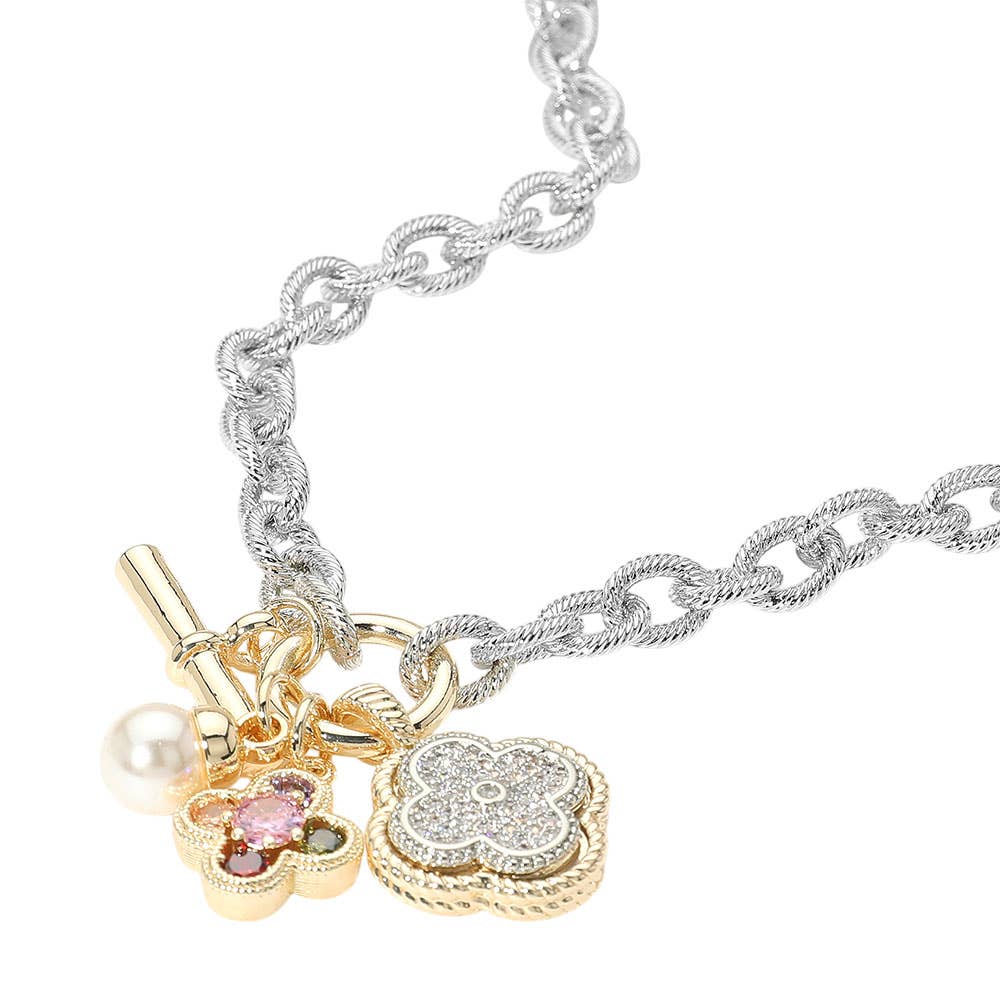 14K Gold Plated Two Tone CZ Stone Paved Quatrefoil Pearl Charm Pendant Necklace