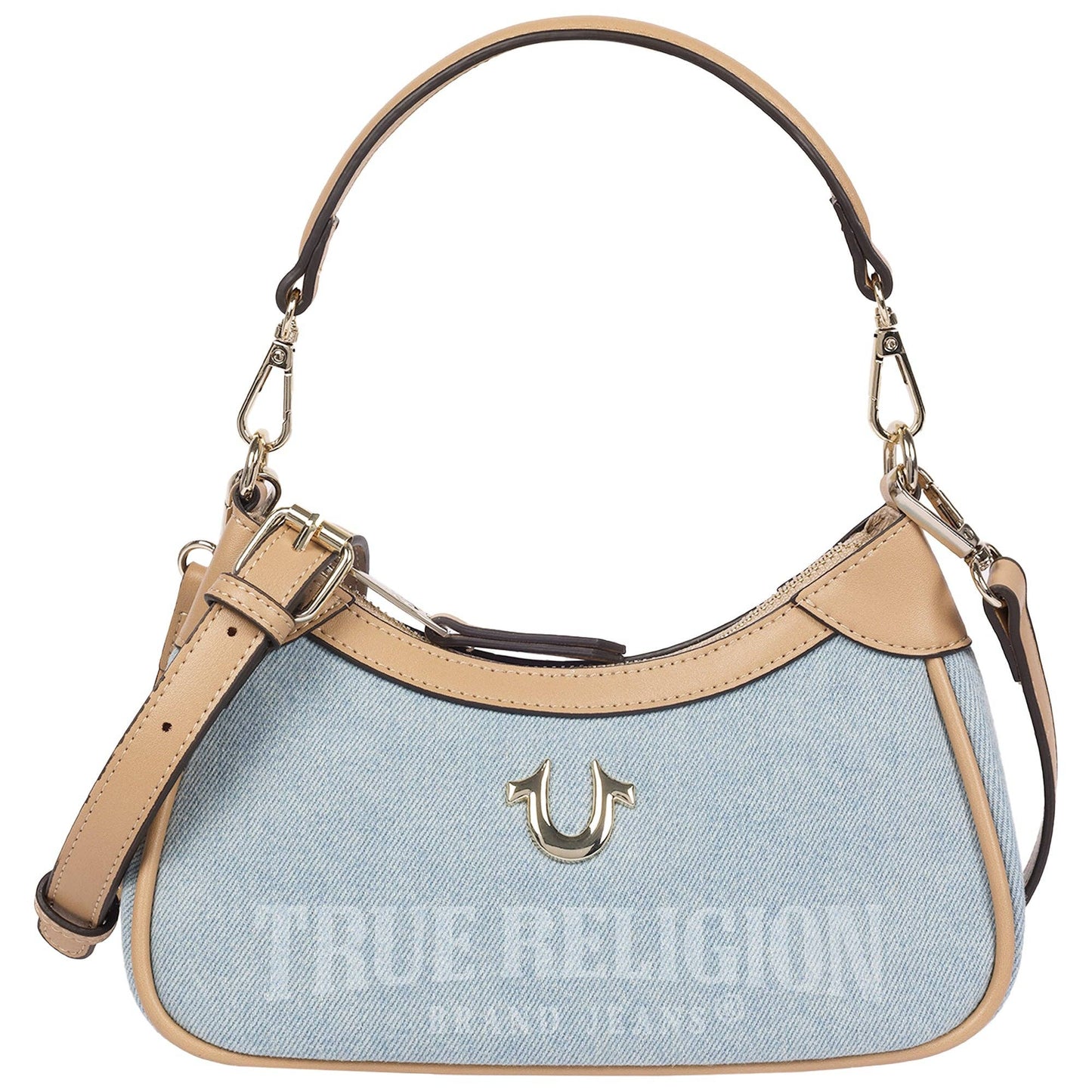 True Religion Blair Denim & PU Shoulder Bag – Logo Denim Mini Shoulder Bag with Detachable Strap (Denim)