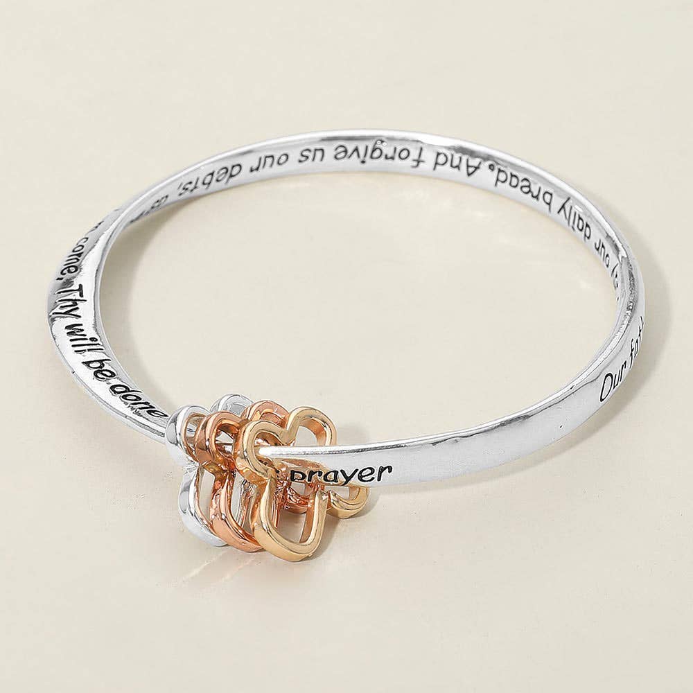 LORDS PRAYER Religious Message Engraved Triple Open Cross Charms Bangle Bracelet