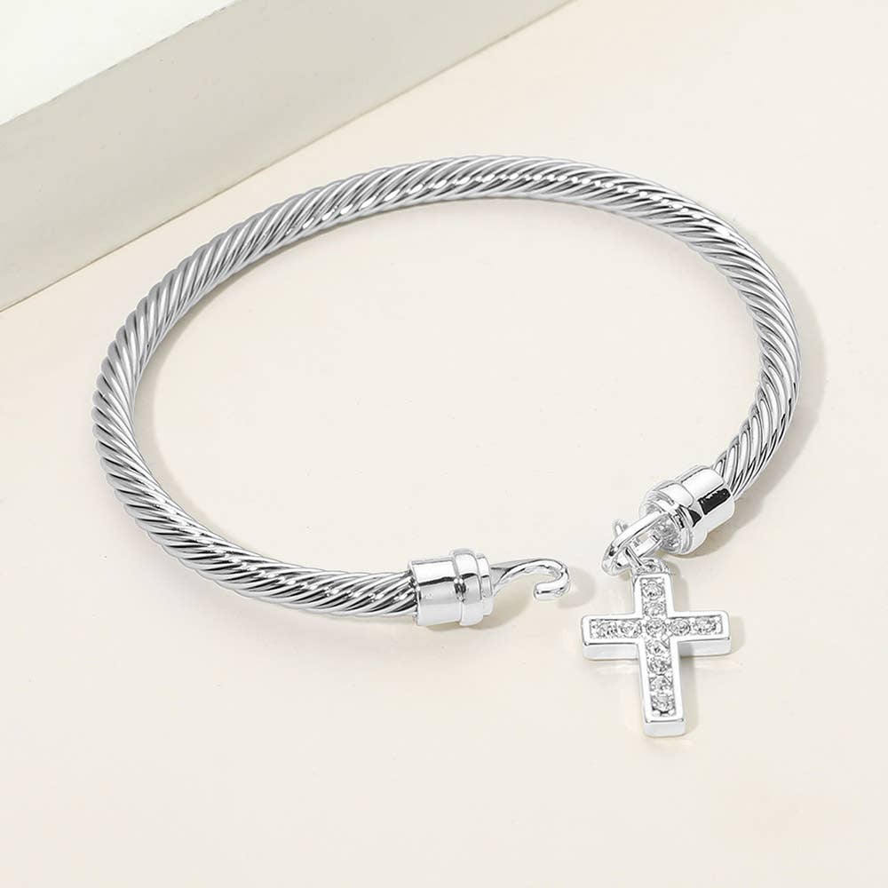 CZ Pave Cross Charm Cable Bangle Bracelet