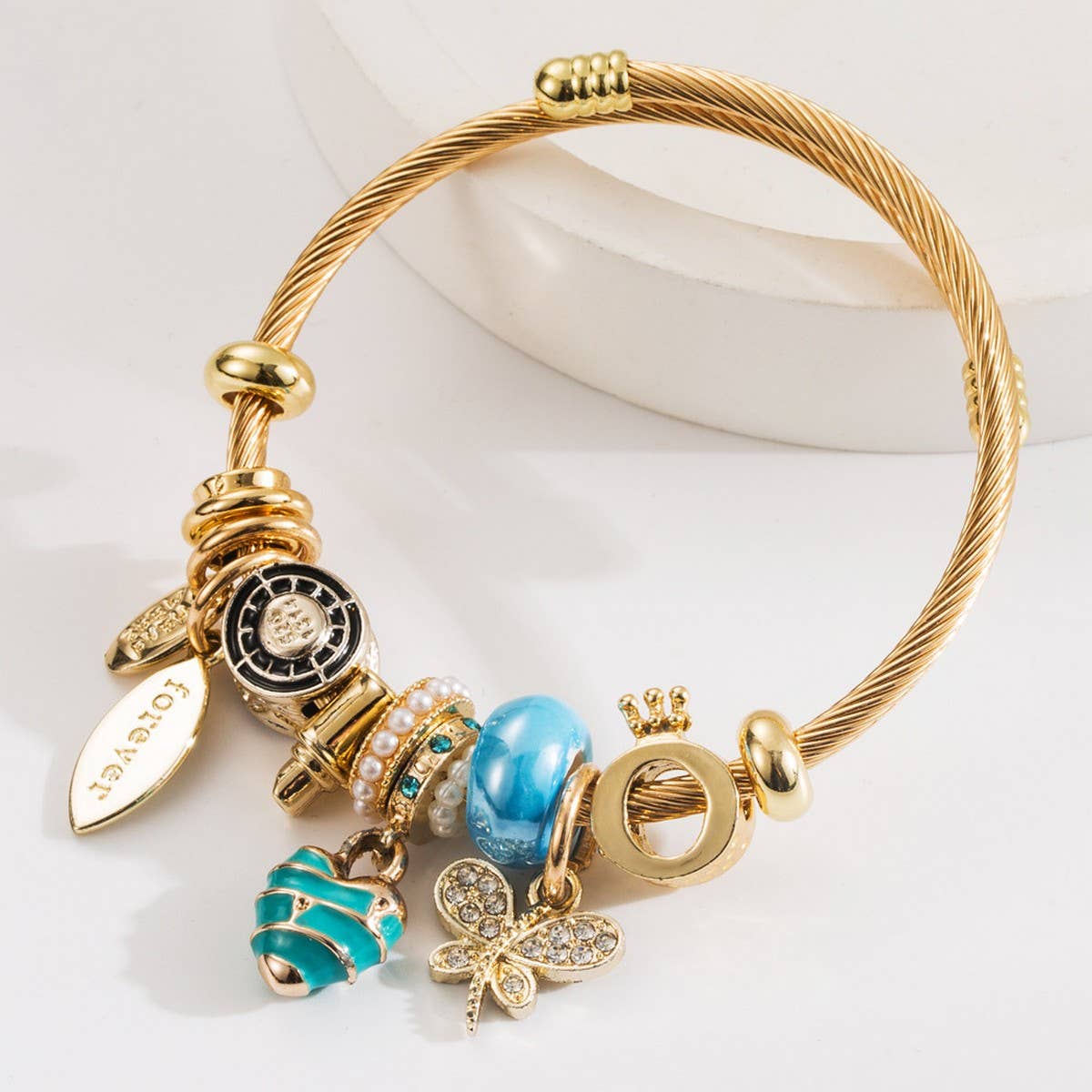 Travel Style Steel Bracelet with Rhinestone Charms_CWMM8584