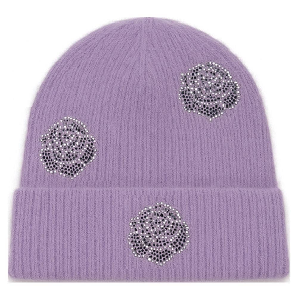 Rhinestone Rose Pattern Knit Beanie Hat AHT-91565