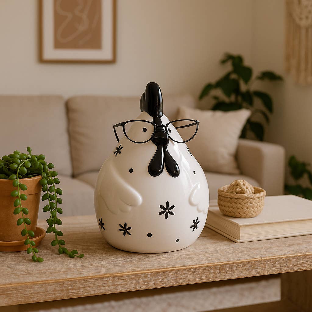 Black/White 7 in. Chubby Rooster with Glasses Figurine