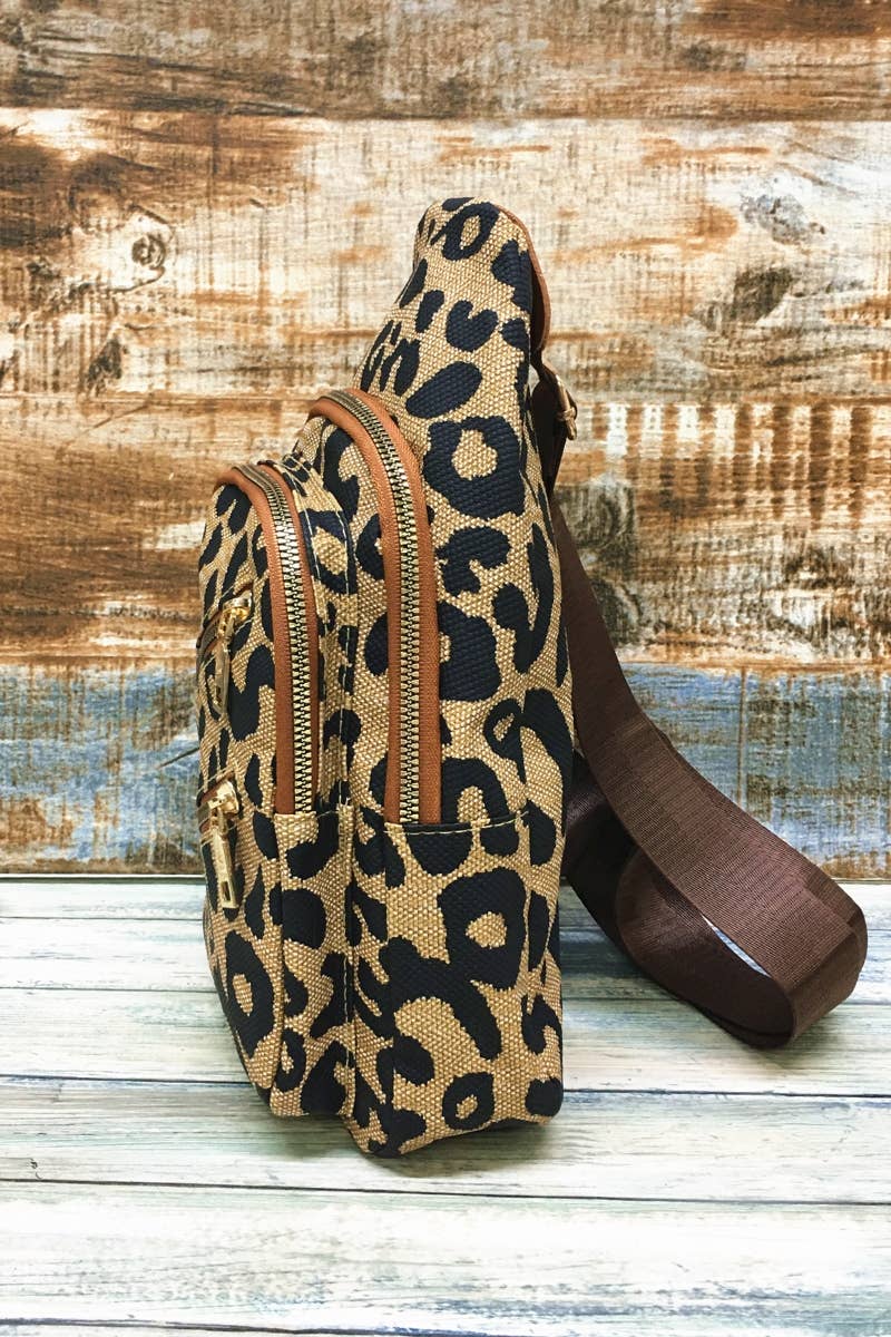 LEOPARD DOUBLE ZIPPER CROSSBODY SLING BAG PURSE