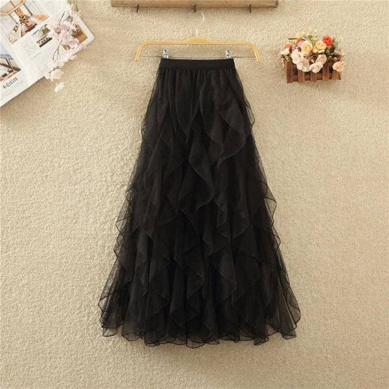 Fashionable Medium-Length Wavy Mesh Tulle Skirt