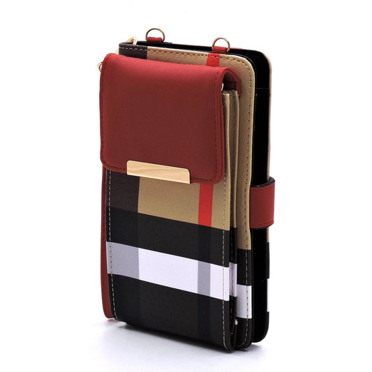 BT073_RED Tartan Plaid Check Bifold Wallet Crossbody Cell Ph