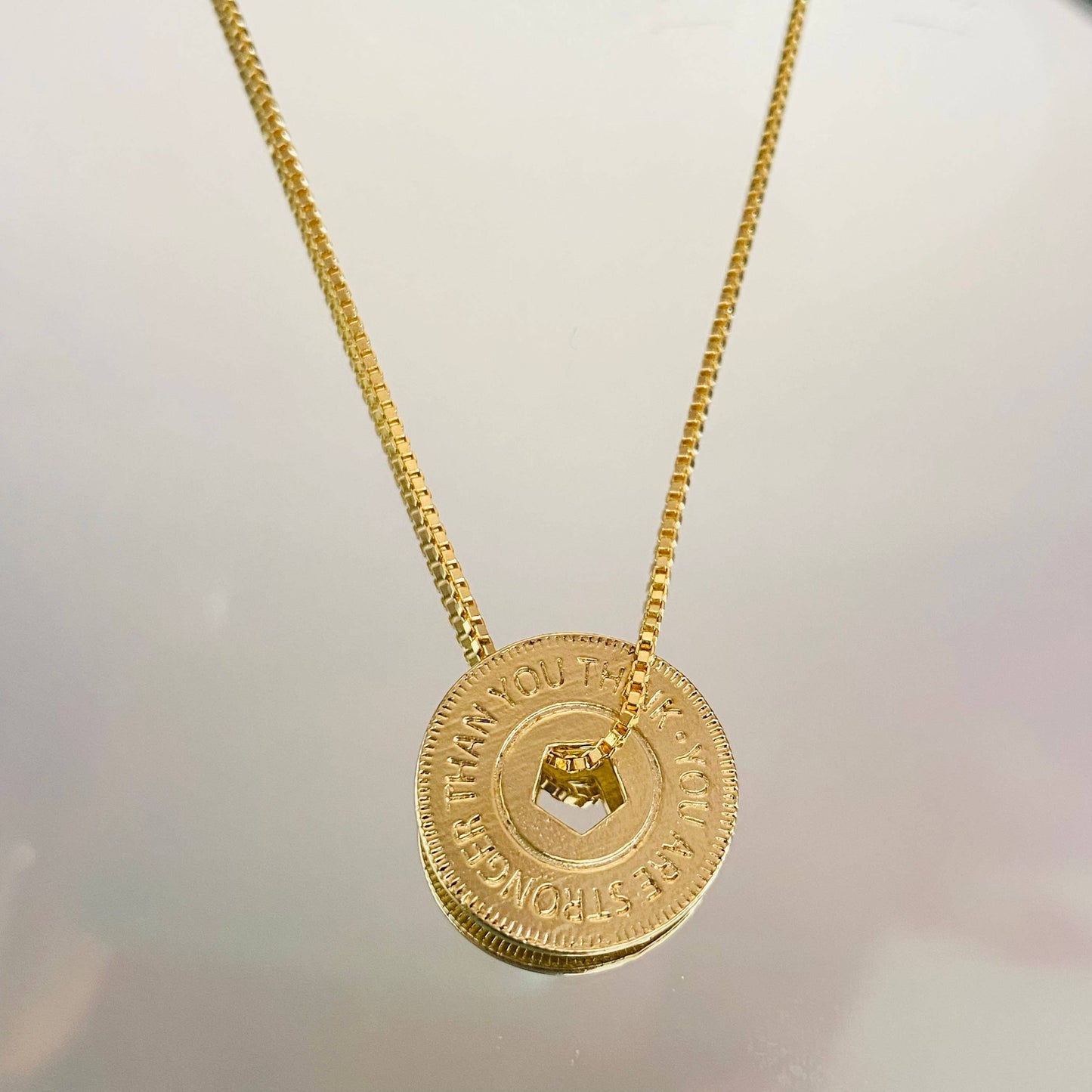 You Are Stronger Than You Think Necklace, Strength Necklace, Warrior Necklace, 18k Gold Filled Inspirational Coin Necklace, Positive Jewelry