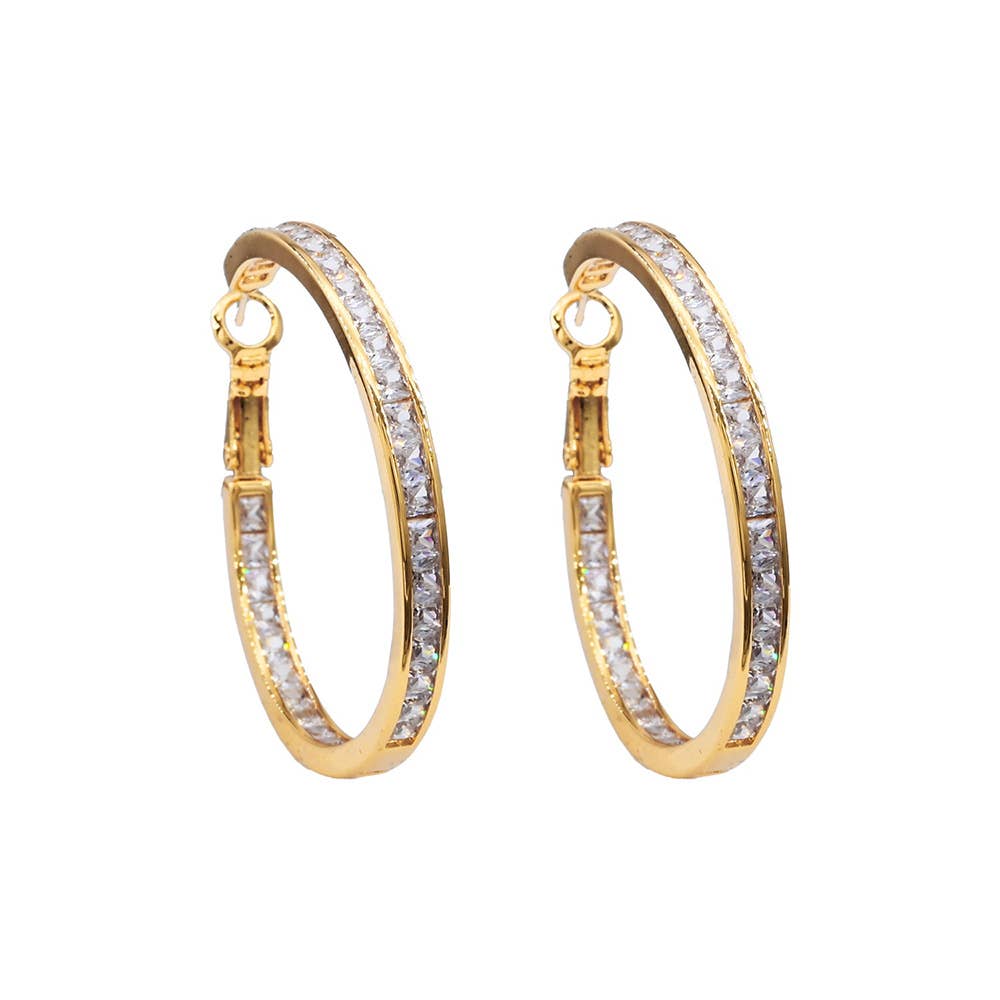 Gold Dipped CZ Stone Channel Hoop Earrings
