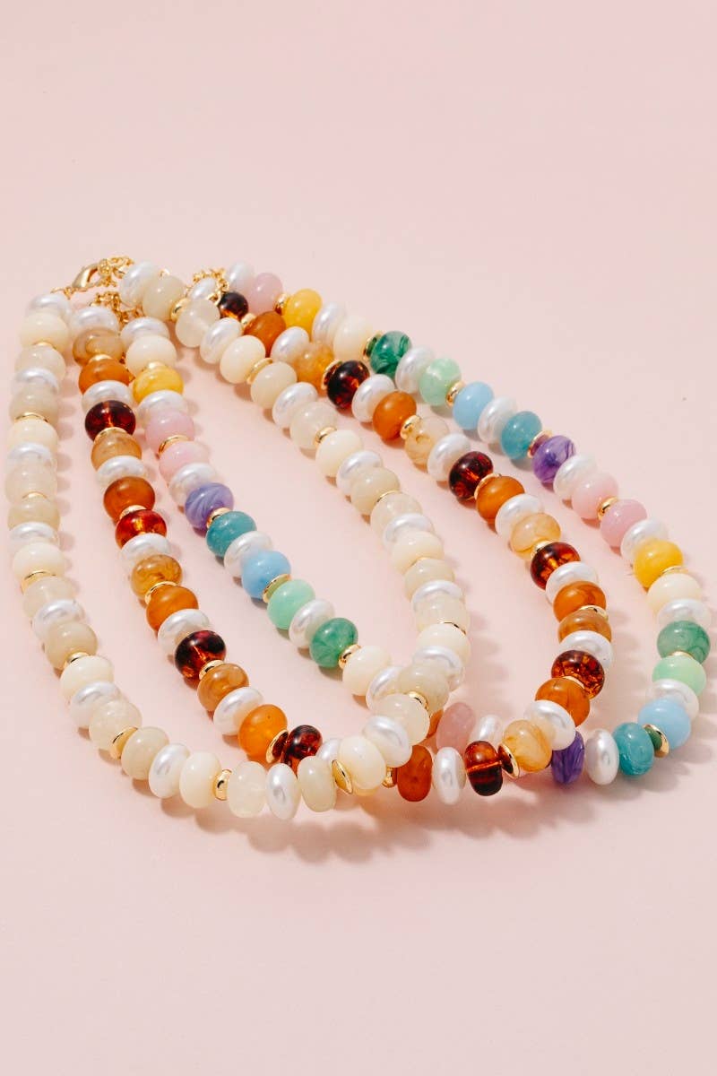 Mixed Pearl And Marble Resin Disc Beaded Necklace