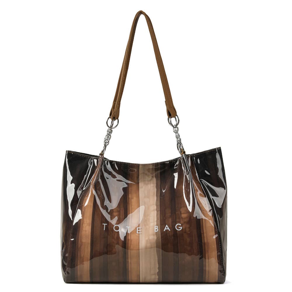 Gradient Striped PVC Tote Bag Letter Print Daily Commute Bag