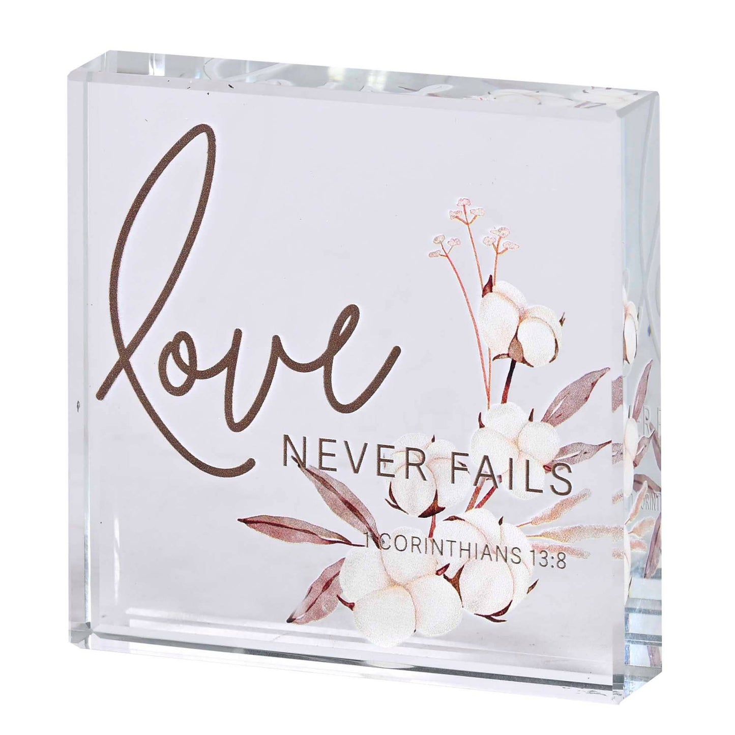 Tabletop Glass Plaque Love Never Fails