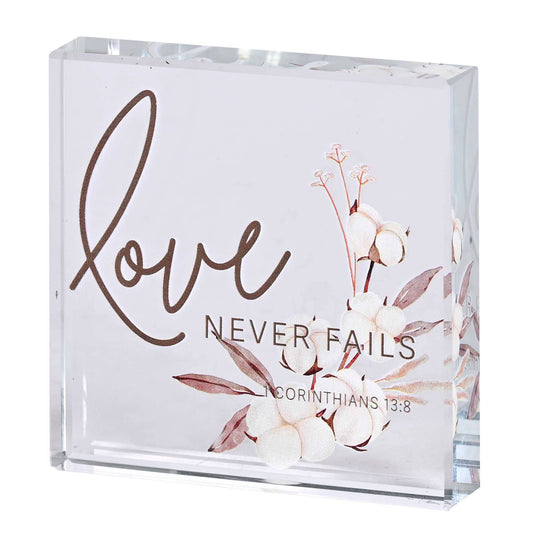 Tabletop Glass Plaque Love Never Fails