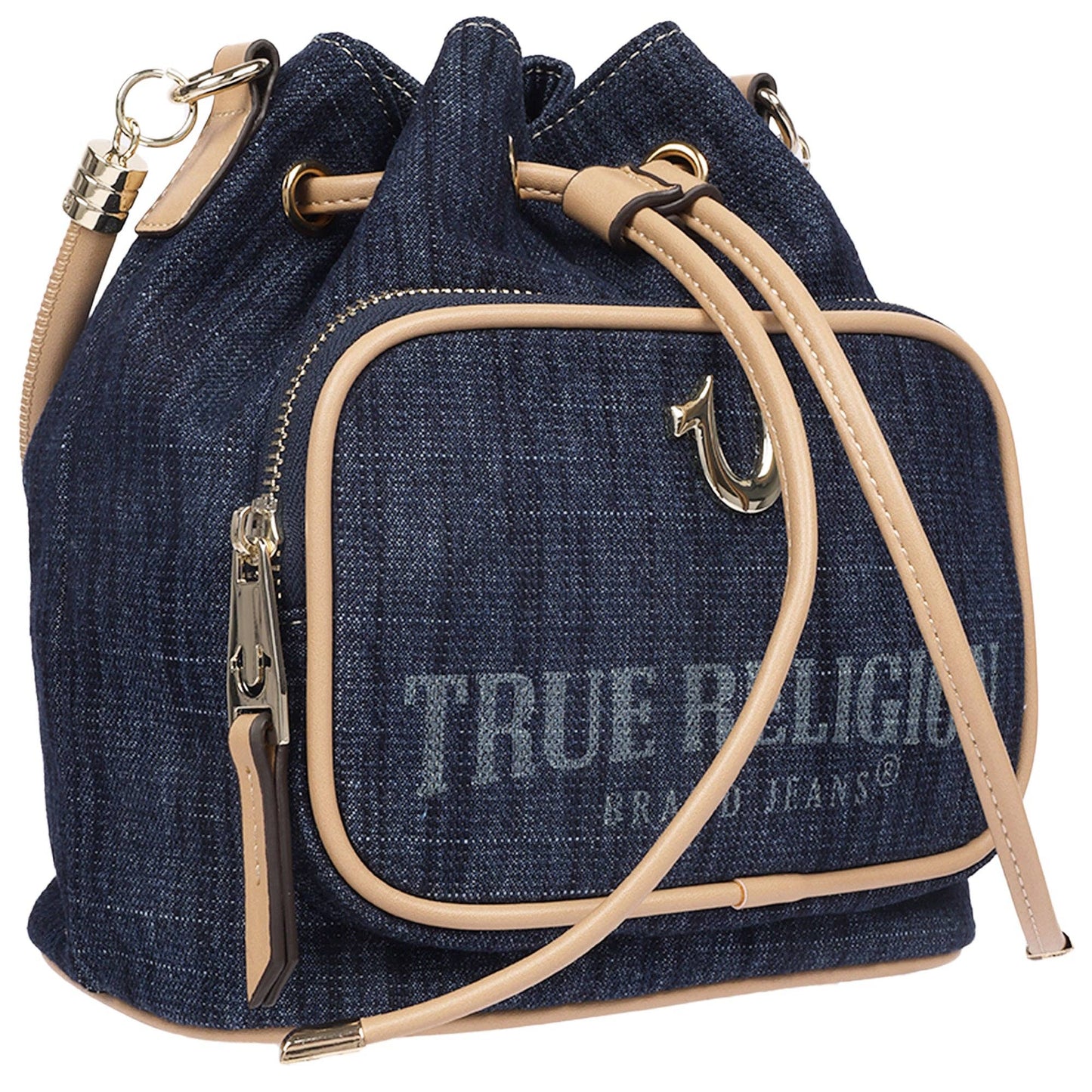 True Religion Bryce Denim & PU Bucket Bag – Women’s Designer Drawstring Bucket Handbag with Crossbody Strap (Dark Denim)