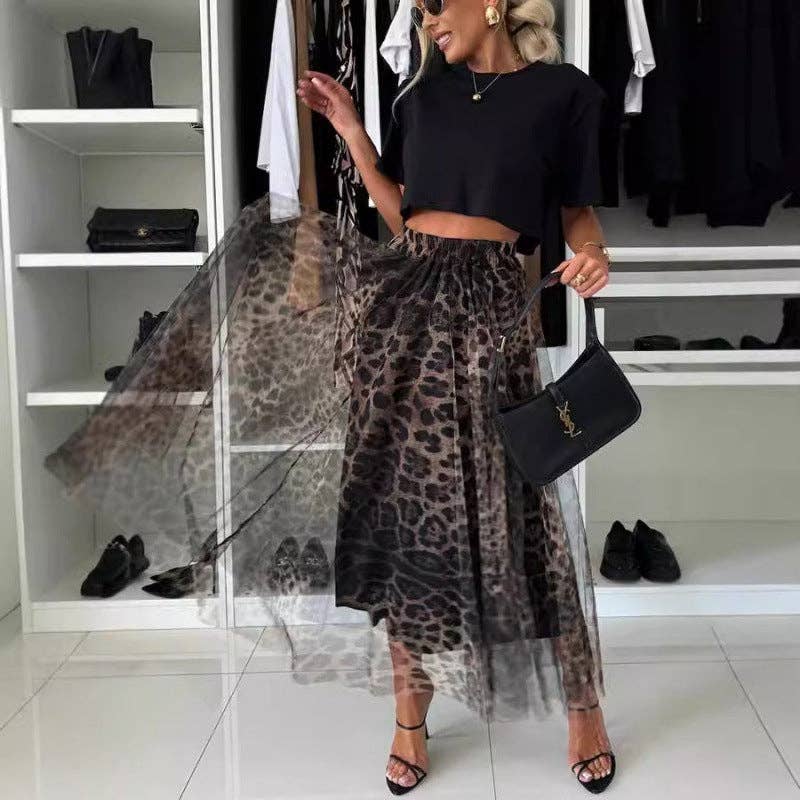 Women Fashion Mesh Leopard Print Chiffon Skirt