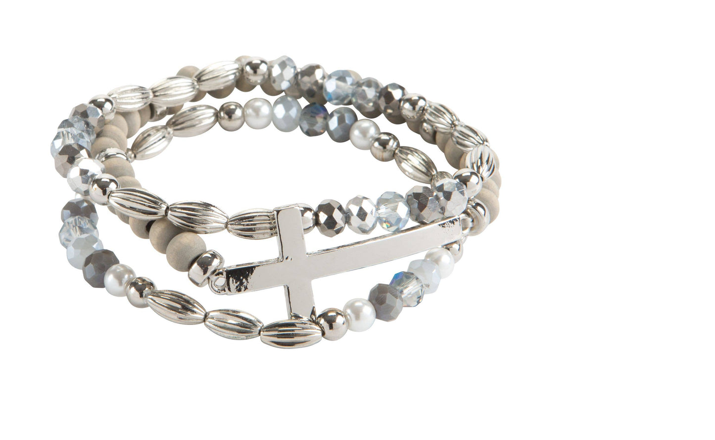 3 row wood and crystal bead cross bracelet, 4 assorted