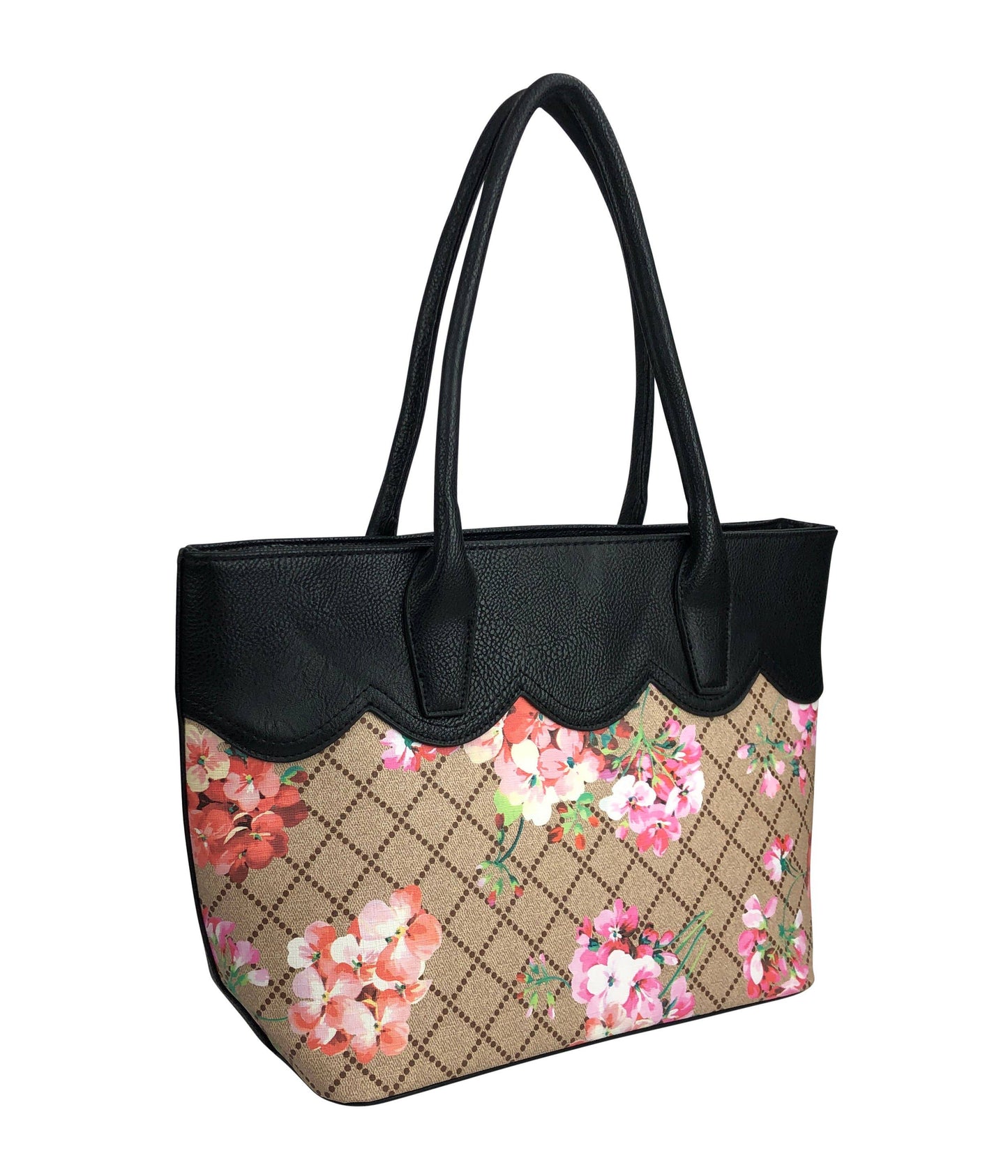 7356 Floral Print Two Color Faux Leather Bag