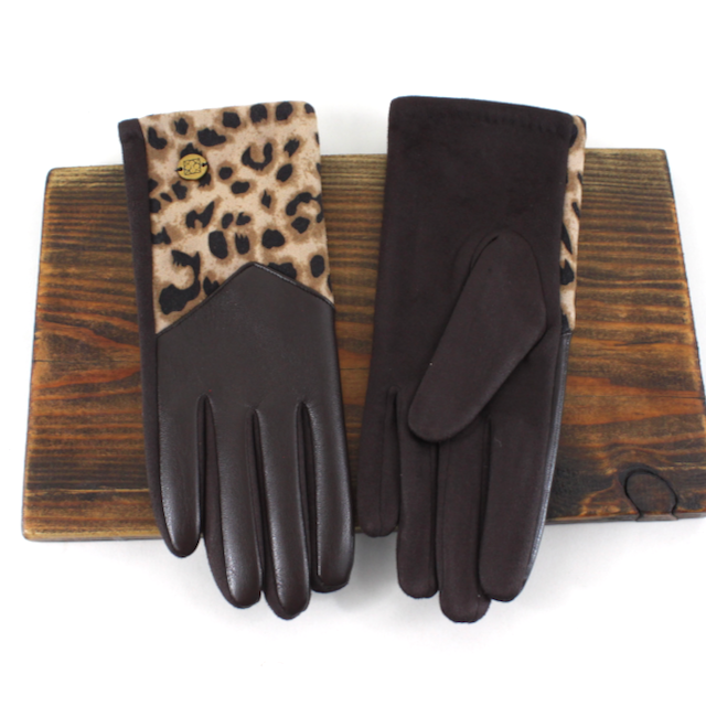 A26002 Faux Leather Leopard Contrast Gloves