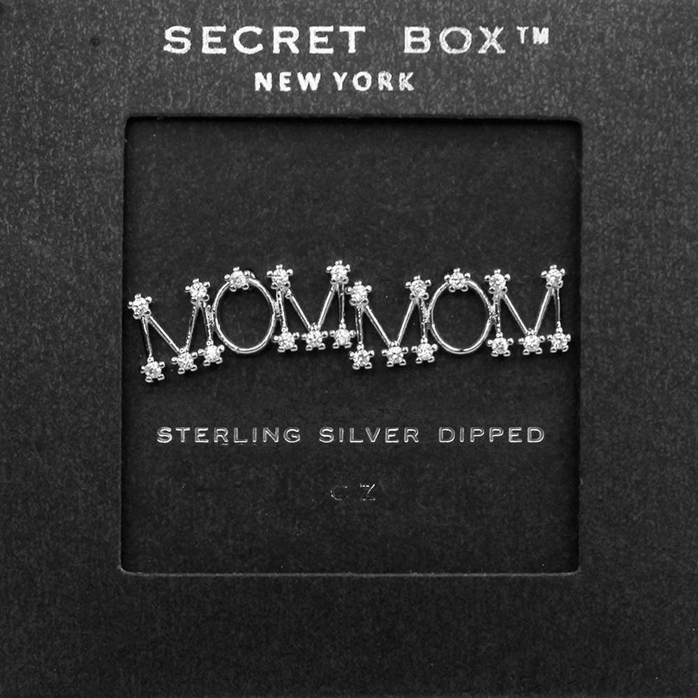 Secret Box_ Silver Dipped CZ MOM Message Stud Earrings