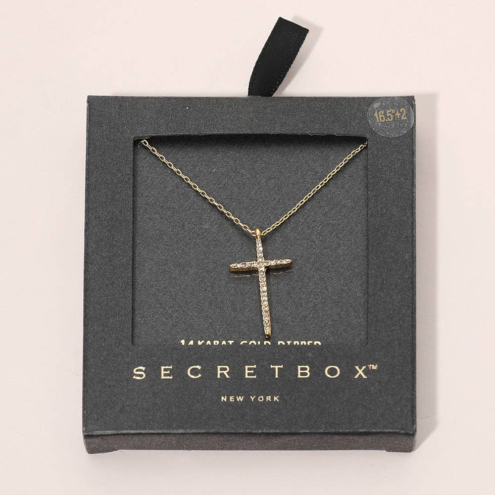 SECRET BOX_14K Gold Dipped Stone Paved Cross Pendant Necklace